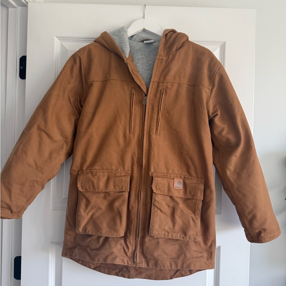 Carhartt Jackson Sherpa Lined Coat Canvas Jacket Youth Size Large Brown Women S